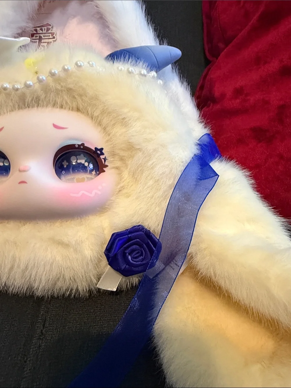 Samael Bag the Cuteness Plush Cream Kids Handbag with Blue Ribbon & Pearl Detail